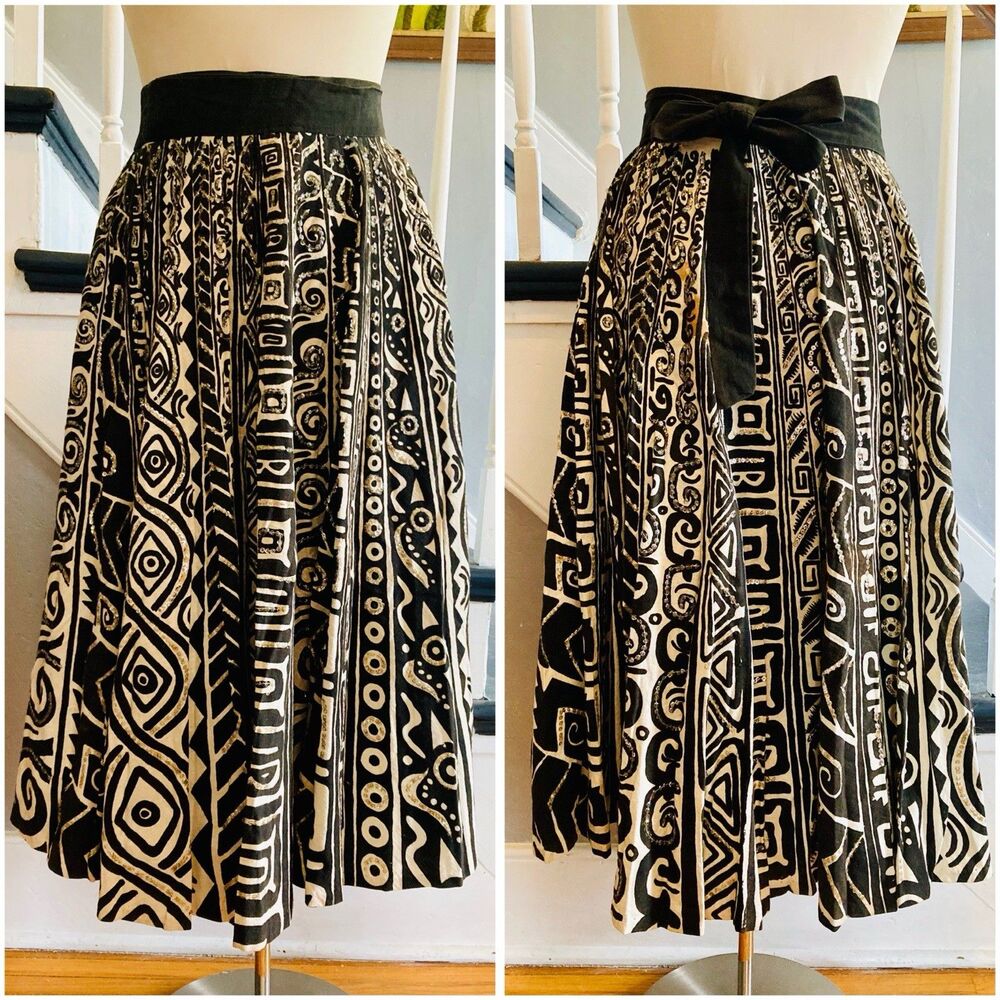 1950s Cotton Tribal Tiki Tropical Black White Circle Skirt Sequins Rockabilly